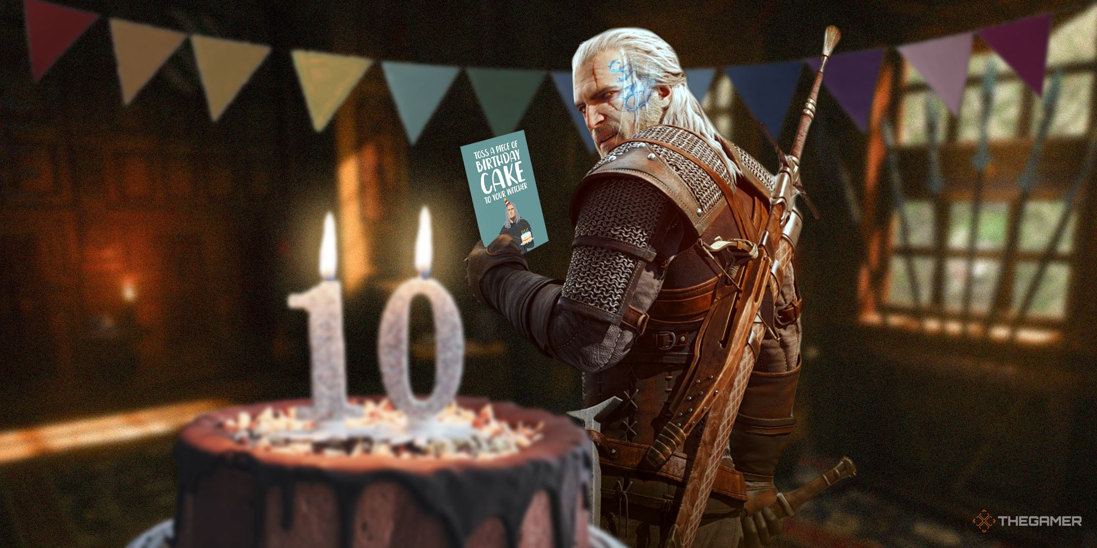 TG The Witcher 3 geralt holds a Witcher birthday card with a cake with 10 candles