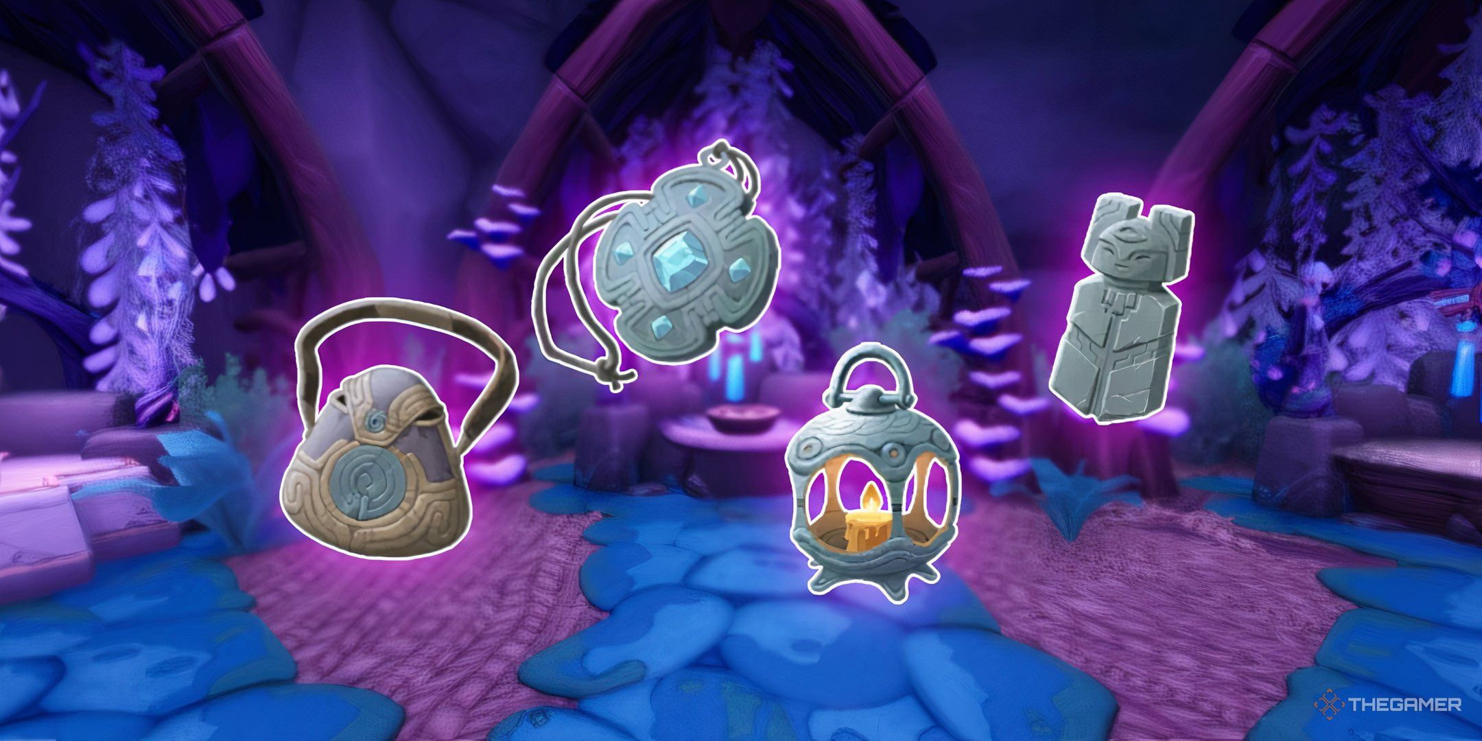 The Four Relics In Palia With The Artifact Shrine In The Background.