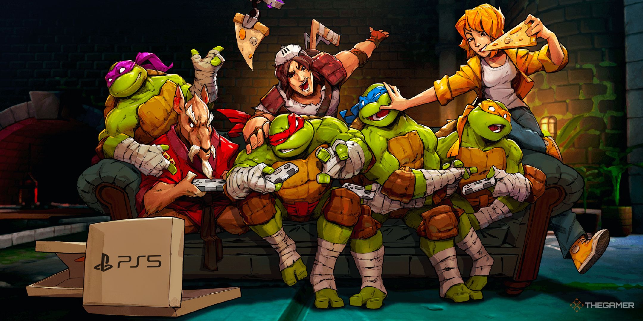 The Splintered Fate TMNT team plays on a console with the PS5 logo on a pizza box.