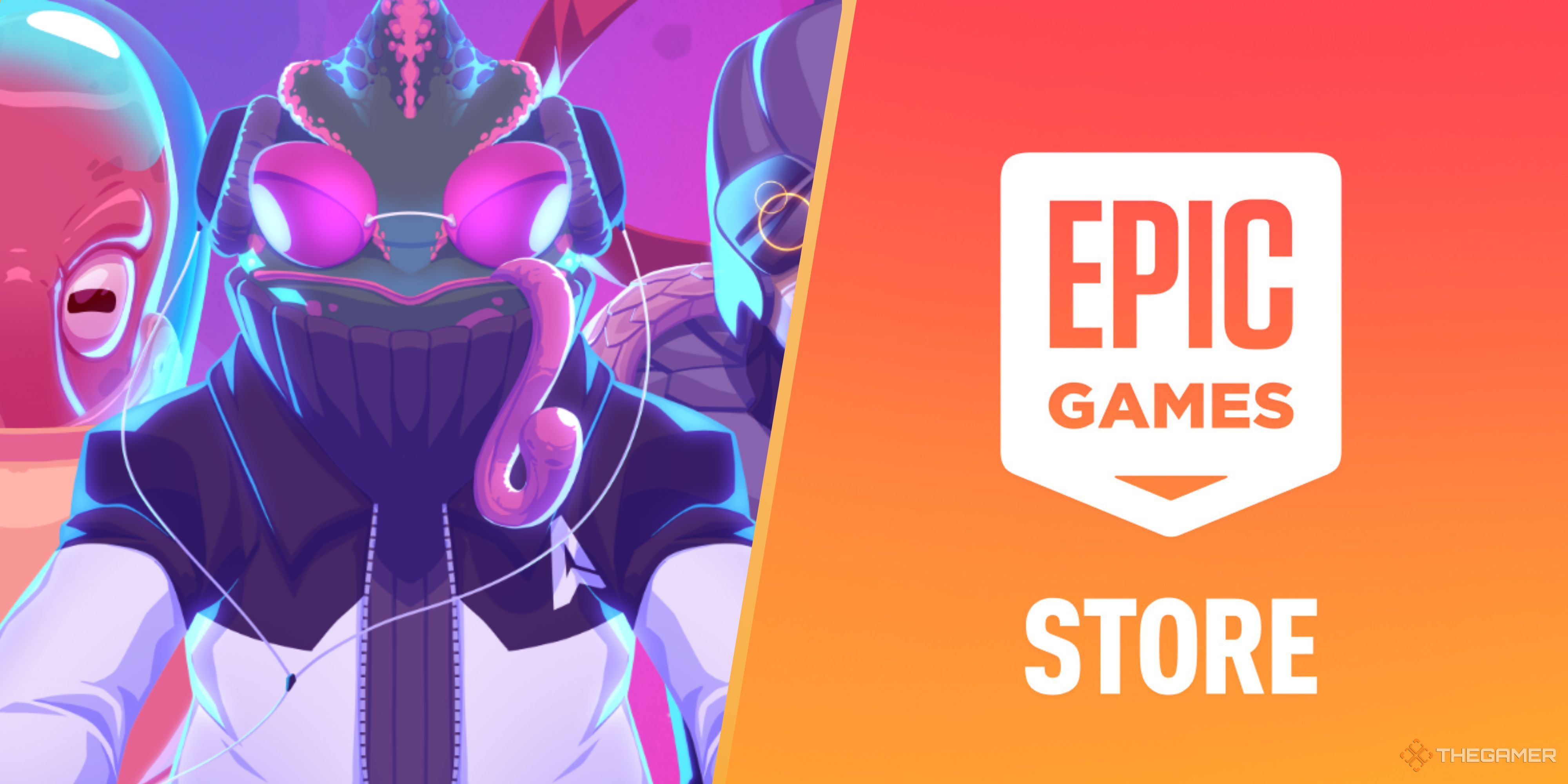super space club alien next to the epic games store logo on an orange background.