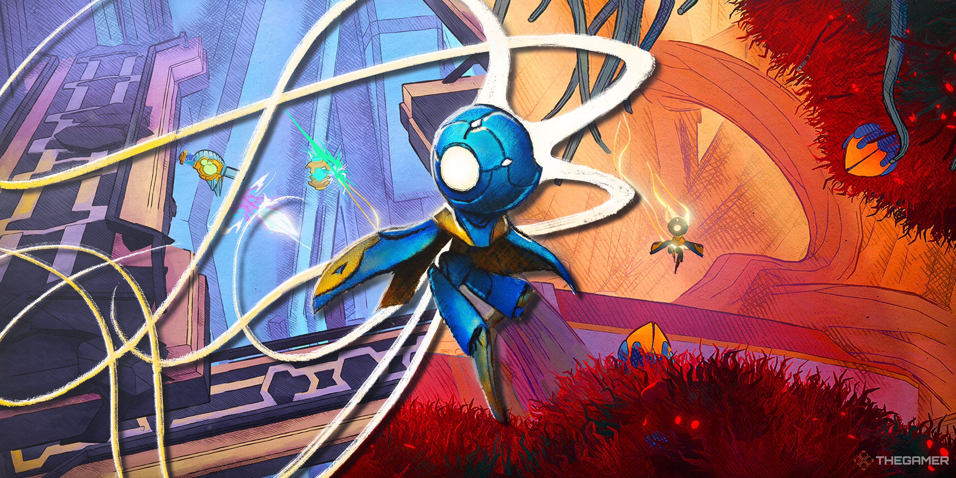 MIO's protagonist in the center, with two scenarios in the background.