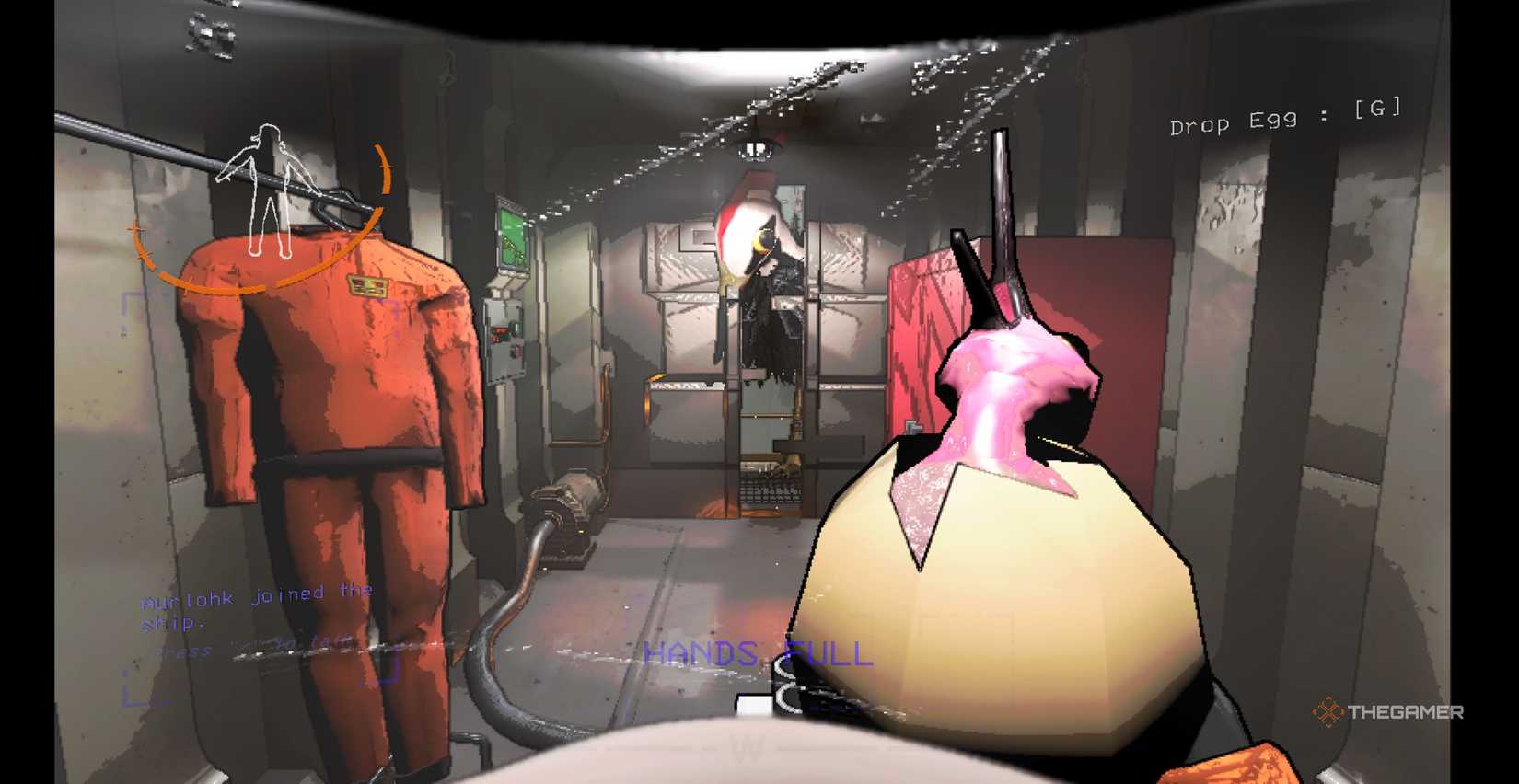 In Lethal Company the player character holds a hatched baby Sapsucker as a giant Sapsucker tears open the ship's door.