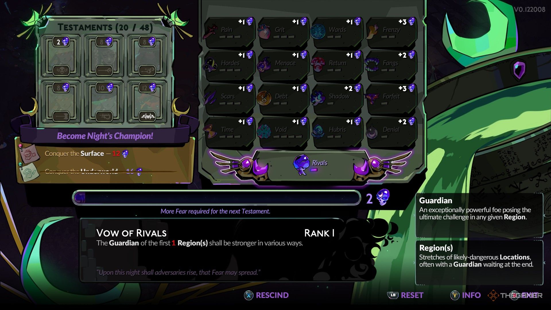 Player puts on the Vow of Rivals as a testament in Hades 2.