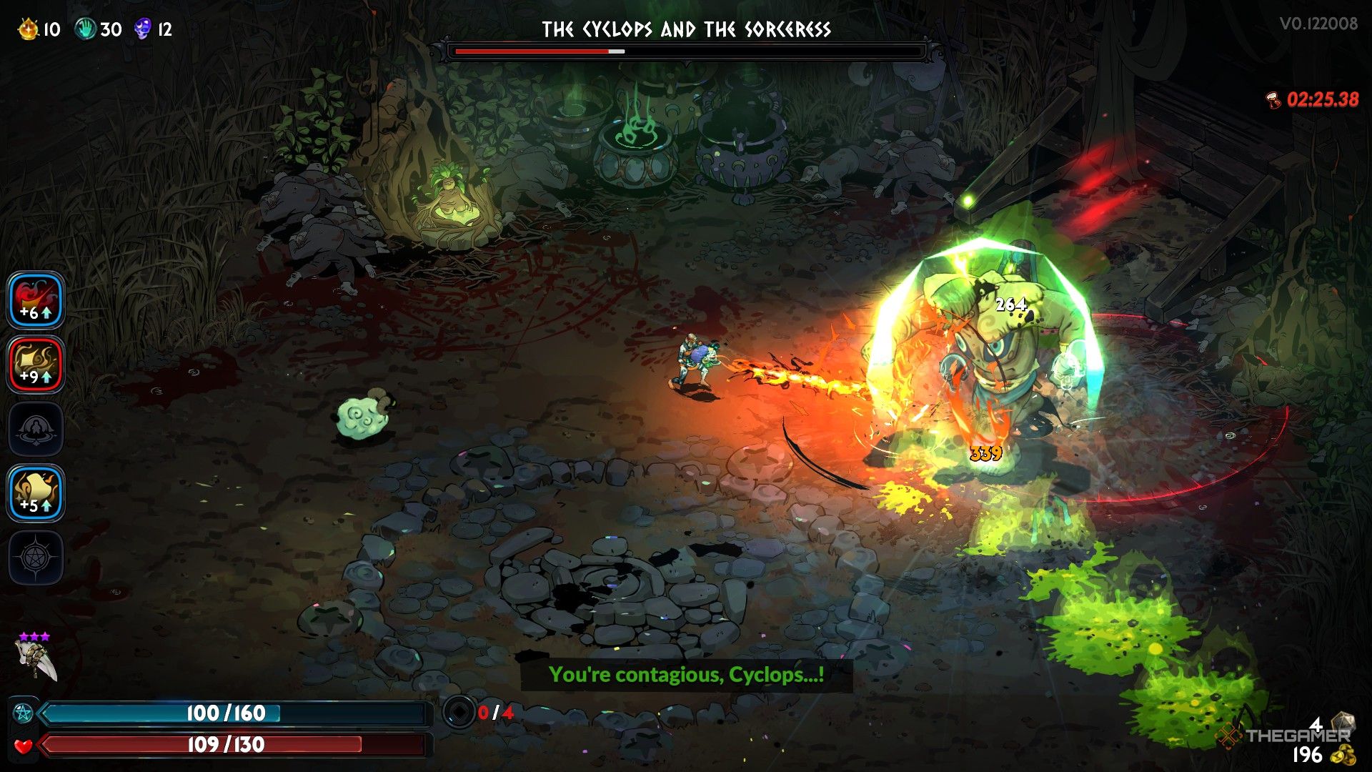 Melinoe uses the Argent Skull: Hel on Polyphemus as he stands in poison in Hades 2.
