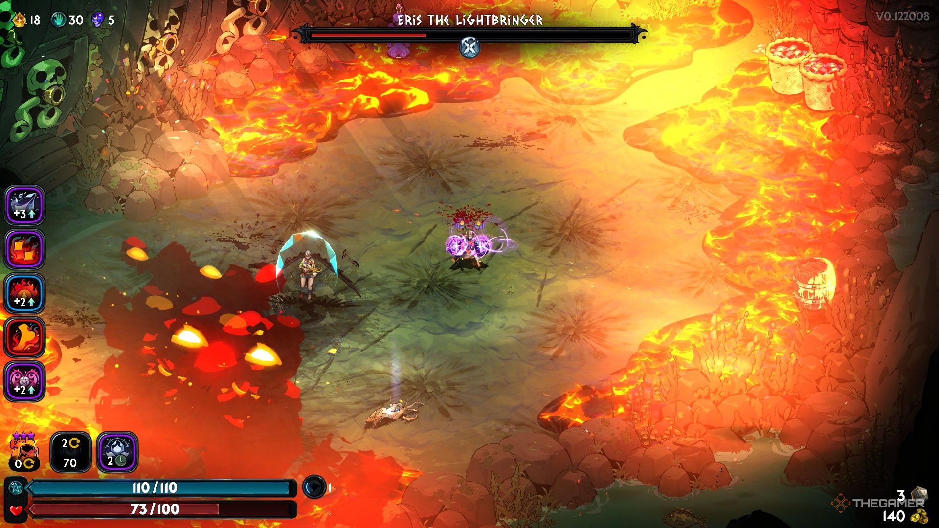 Melinoe stands in the fiery arena of Unrivaled Eris as she phase transitions in Hades 2.