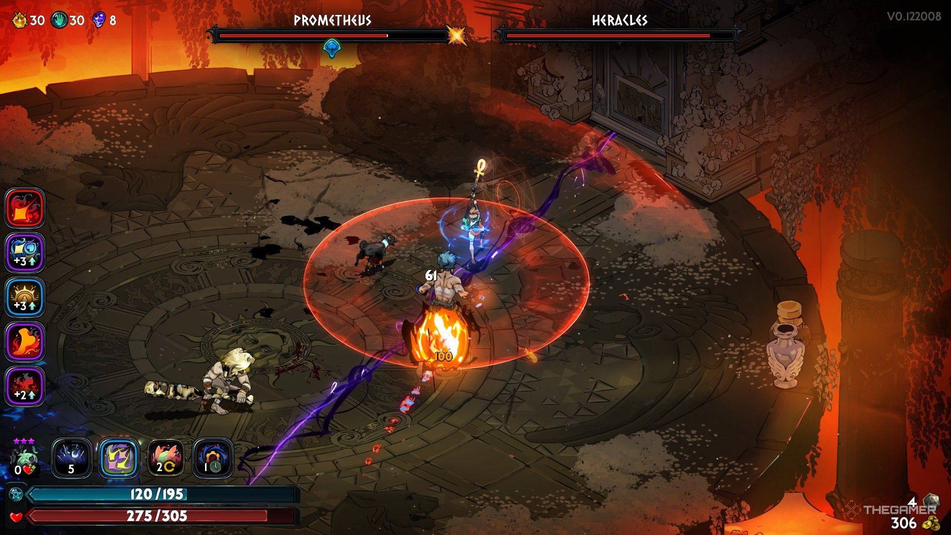 Prometheus and Heracles rush to fight Melinoe wielding Anubis in Hades 2.