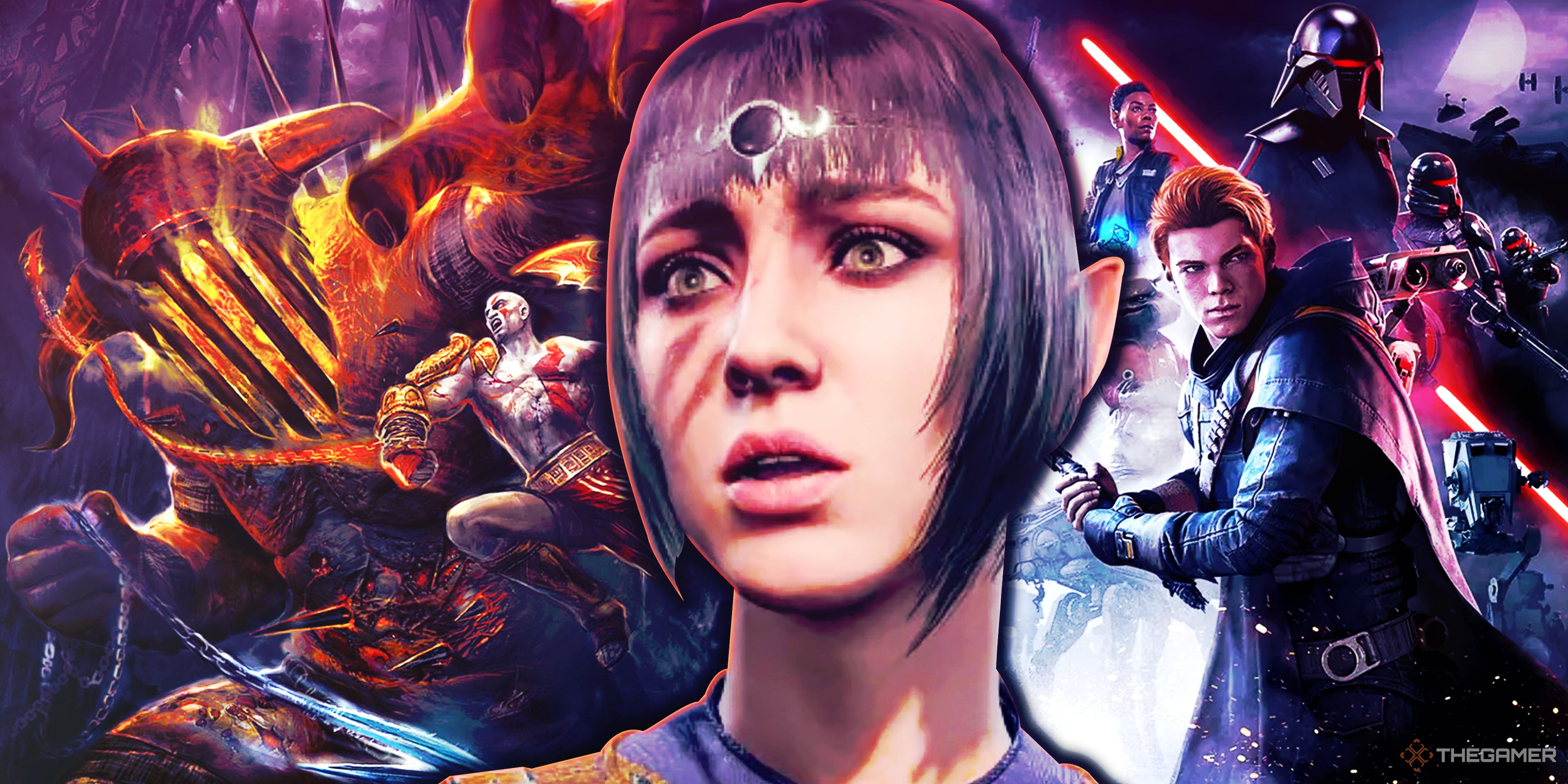 Baldur's Gate 3's Shadowheart, God of War 3's left, and Star Wars Jedi: Fallen Order's key art on the right look shocked.
