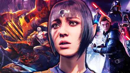 Baldur's Gate 3's Shadowheart, God of War 3's left, and Star Wars Jedi: Fallen Order's key art on the right look shocked.