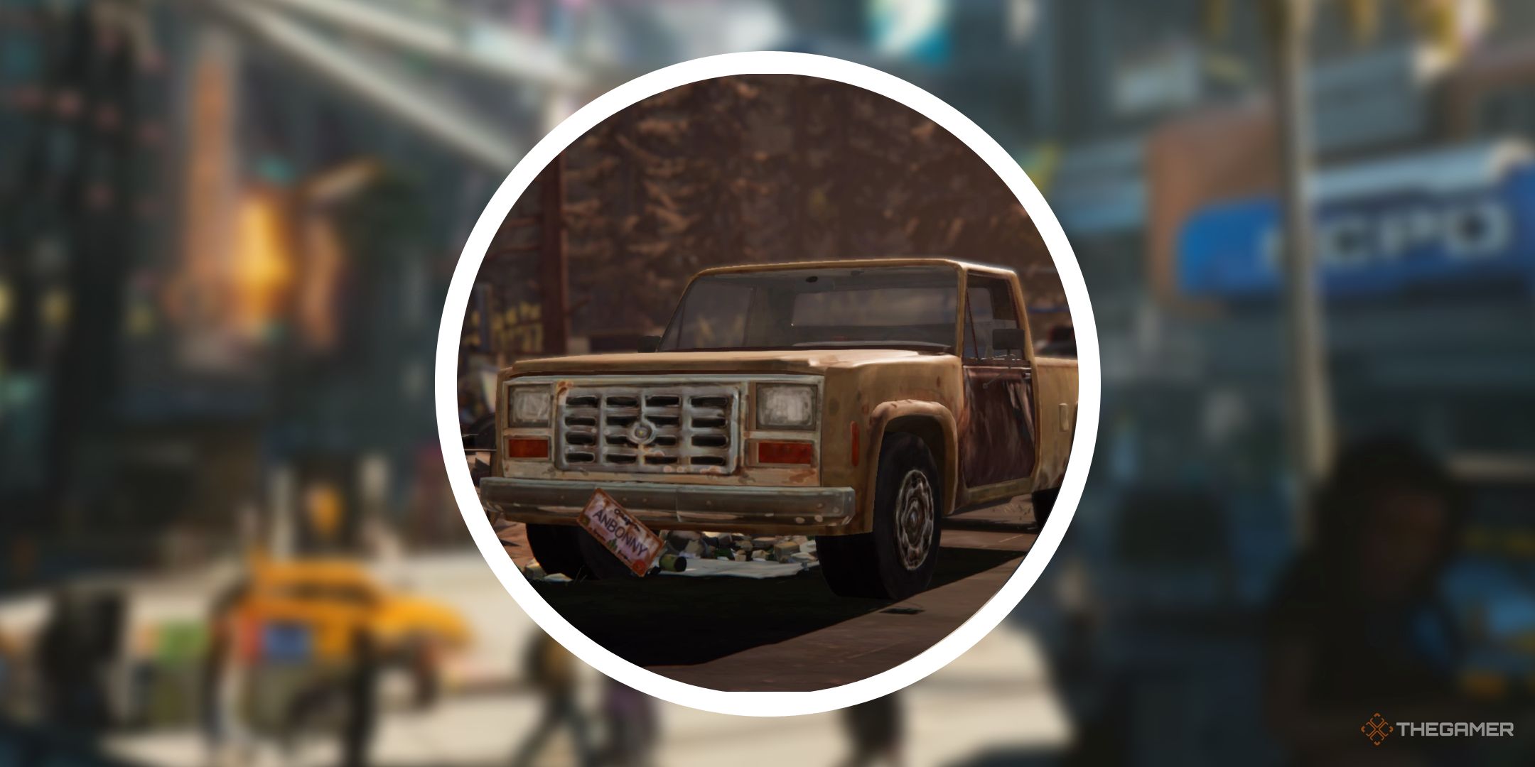 A blurred background from Cyberpunk 2077 with a PNG of Chloe's truck from Life is Strange.