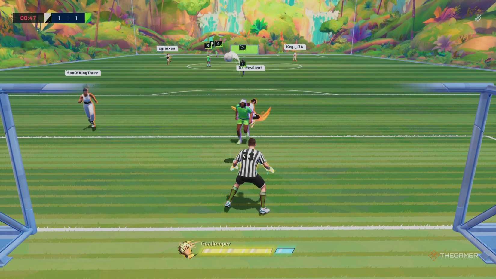A striker attempting to rainbow flick the ball over a goalkeepers head in Rematch.