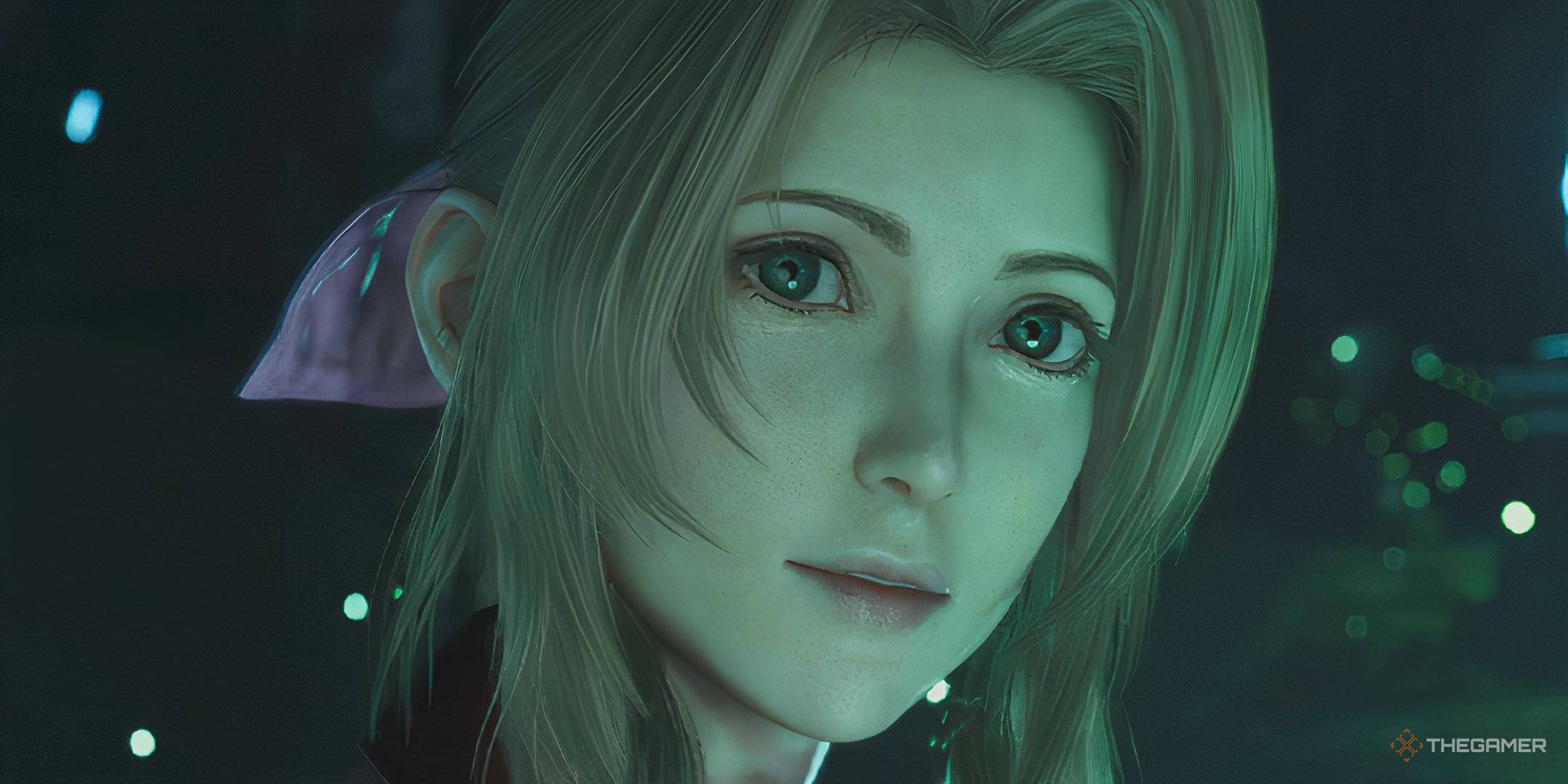 Aerith faces the camera in Midgar in Final Fantasy VII Remake.
