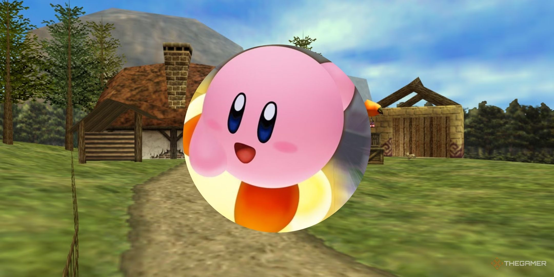 An image of Kirby is placed on a background image of a landscape from The Legend of Zelda