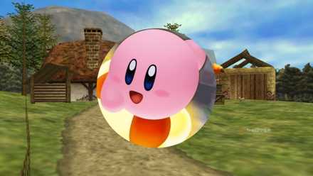 An image of Kirby is placed on a background image of a landscape from The Legend of Zelda
