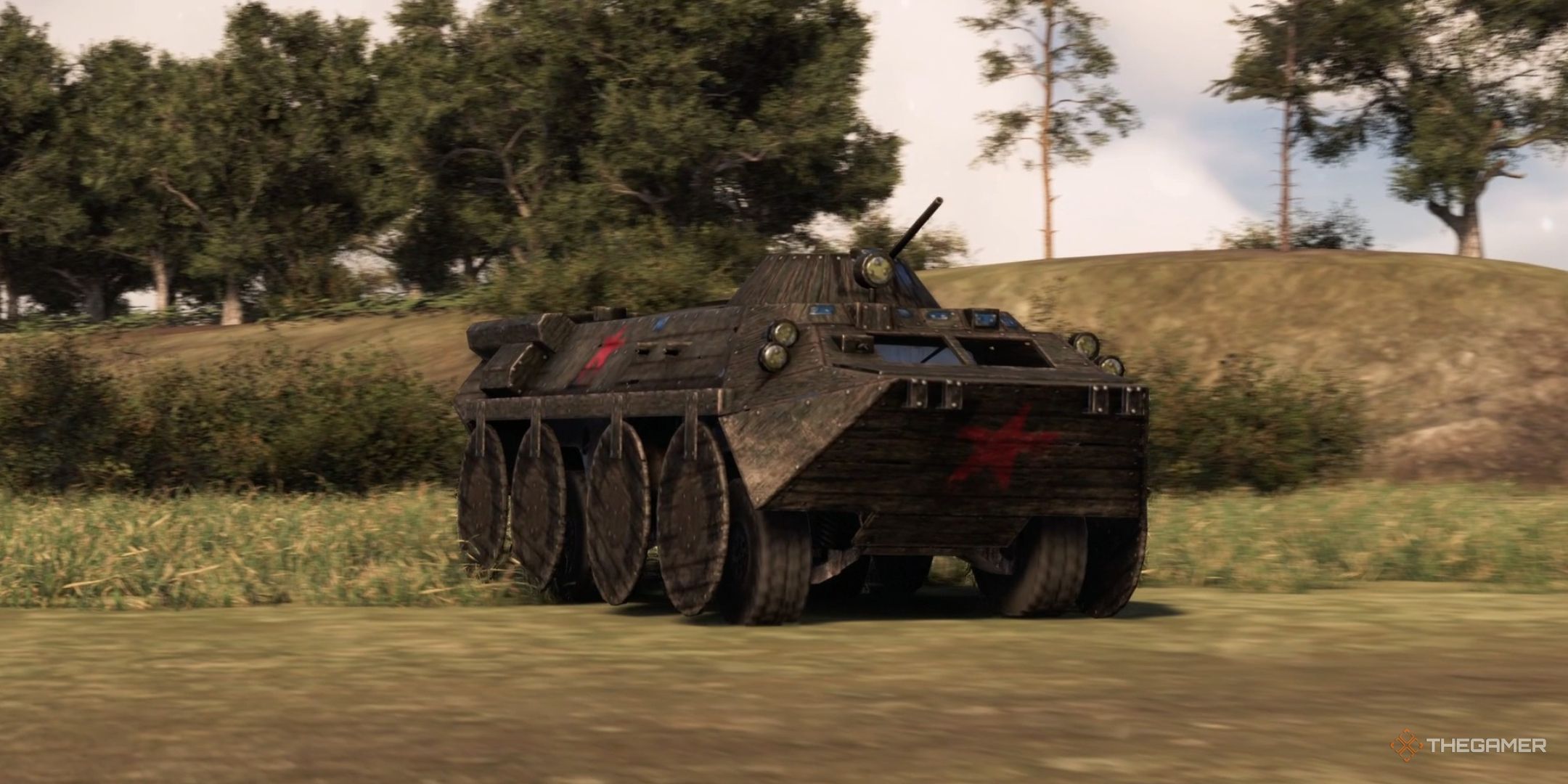 an apc rolls across countryside during a cutscene in broken arrow.