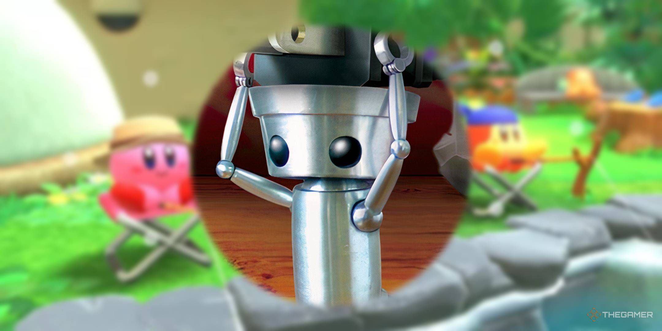 Chibi Robo on blurred Kirby and Waddle Dee background.