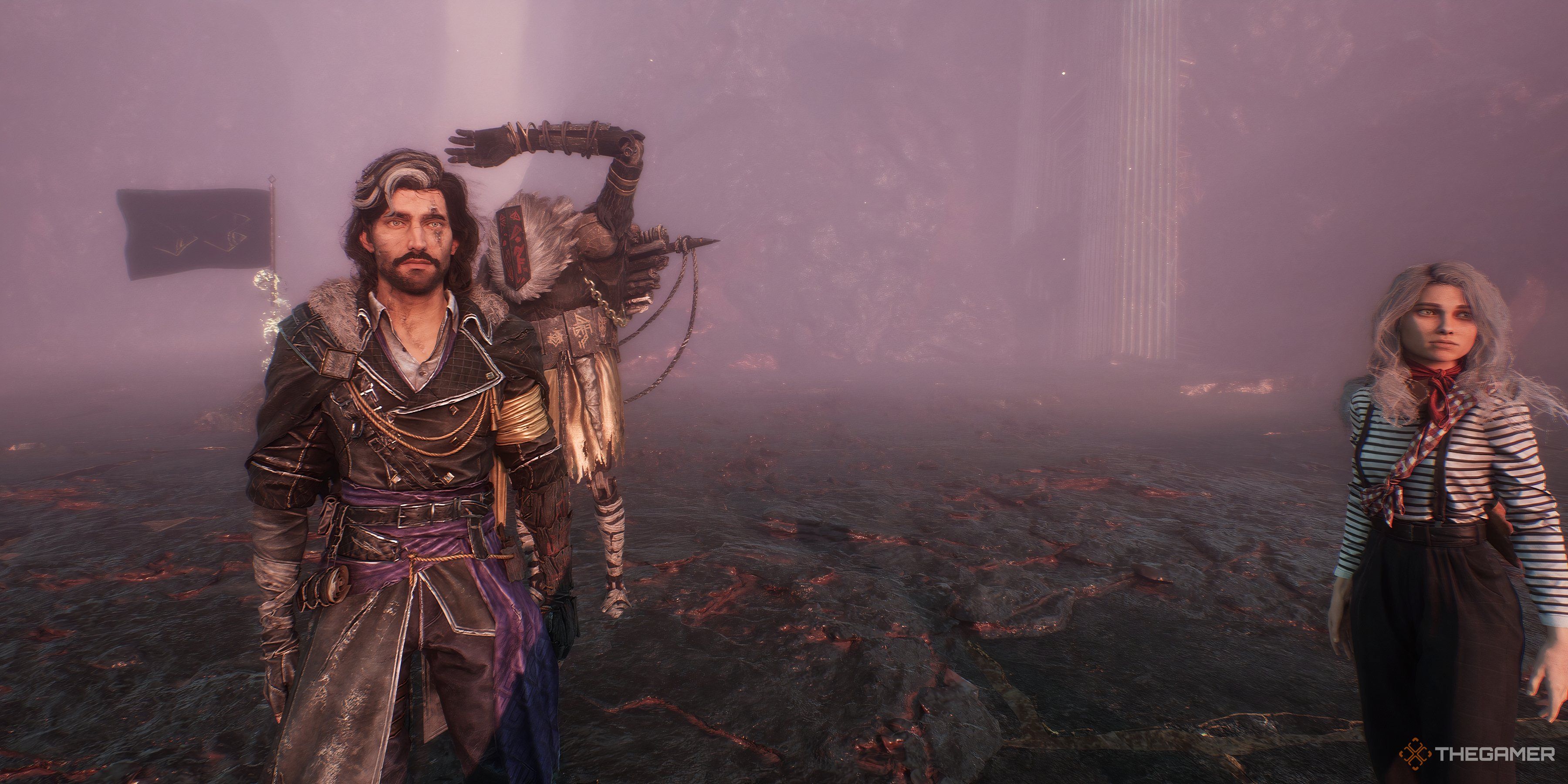 Monoco, Verso, and Maelle stand together in the Endless Tower of Clair Obscur: Expedition 33.