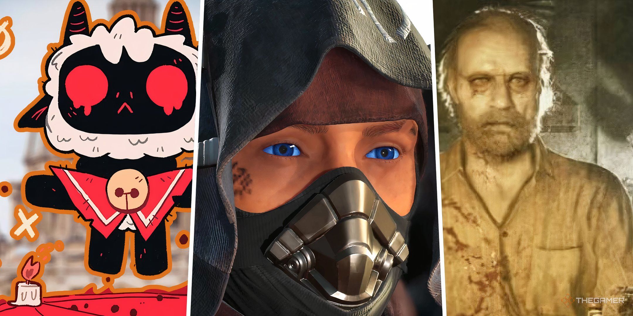 Split image of the Cult of the Lamb, a character from Dune: Awakening and a member of the Baker family from Resident Evil 7.