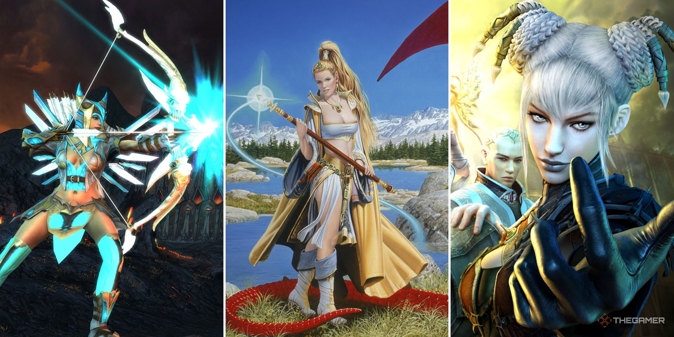 A split image comprised of cover art or in-game screenshots from Rift, Everquest, and Guild Wars.