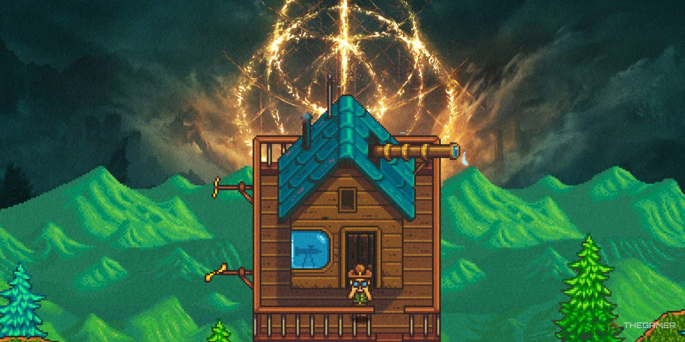 Haunted Chocolatier man standing in front of the Elden Ring backdrop.