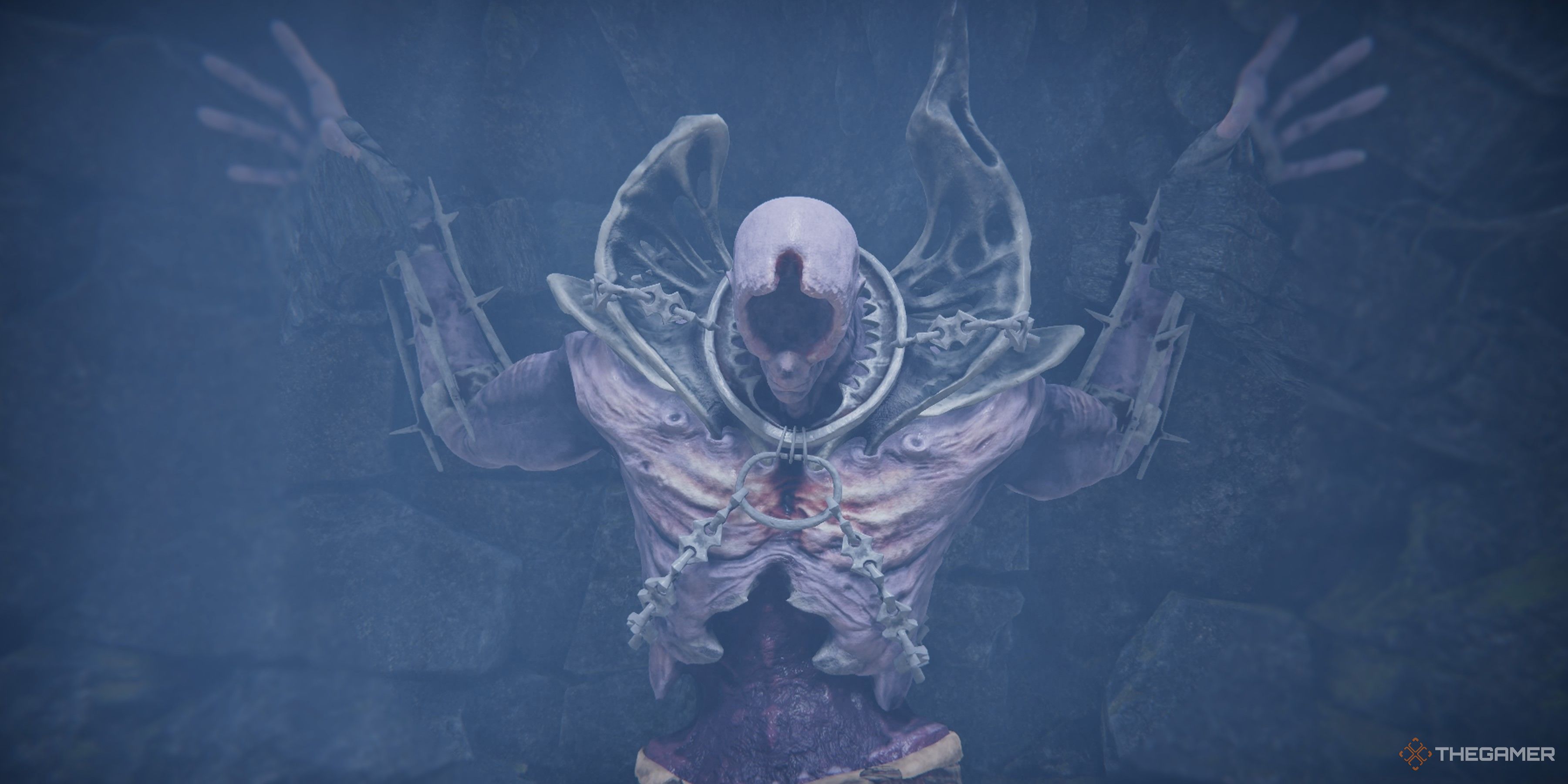 Close up view of the Forgotten Giant, a large faceless humanoid, held against a wall in Tainted Grail: The Fall Of Avalon.