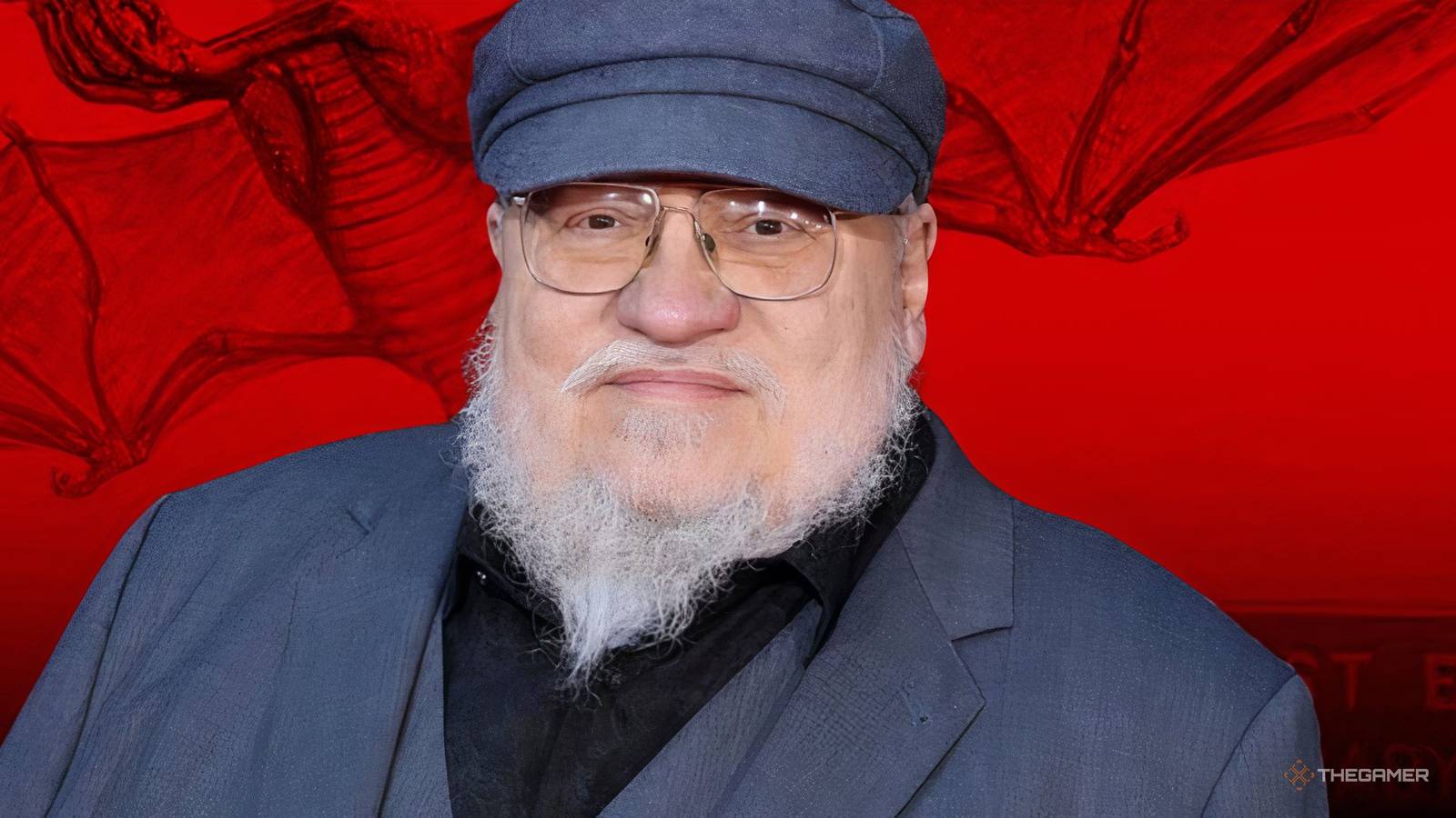 An image of George R. R. Martin, with a drawing of a dragon in the background
