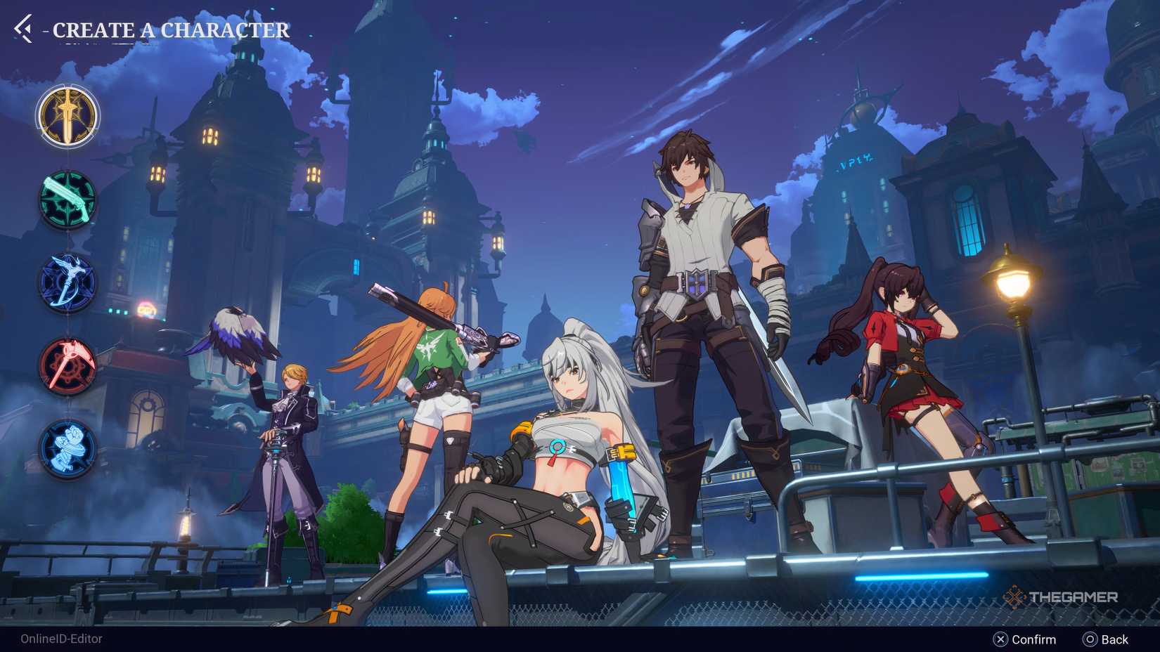 The characters from each class in the Crystal of Atlan all stand and publish with a city in the background. 