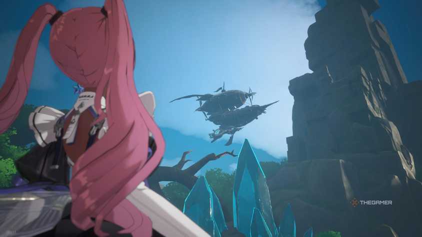 The player's character watching an airship flies in the distance in the Crystal of Atlan.