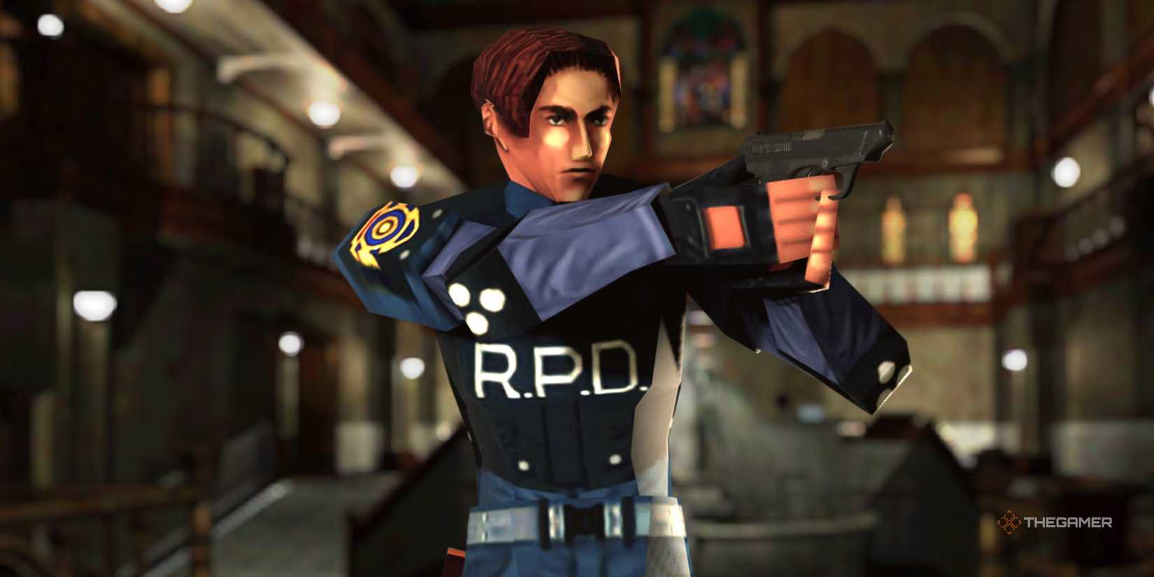Leon Kennedy remakes in front of the RPD police station entrance in the remake 1998 game of Resident Evil 2.