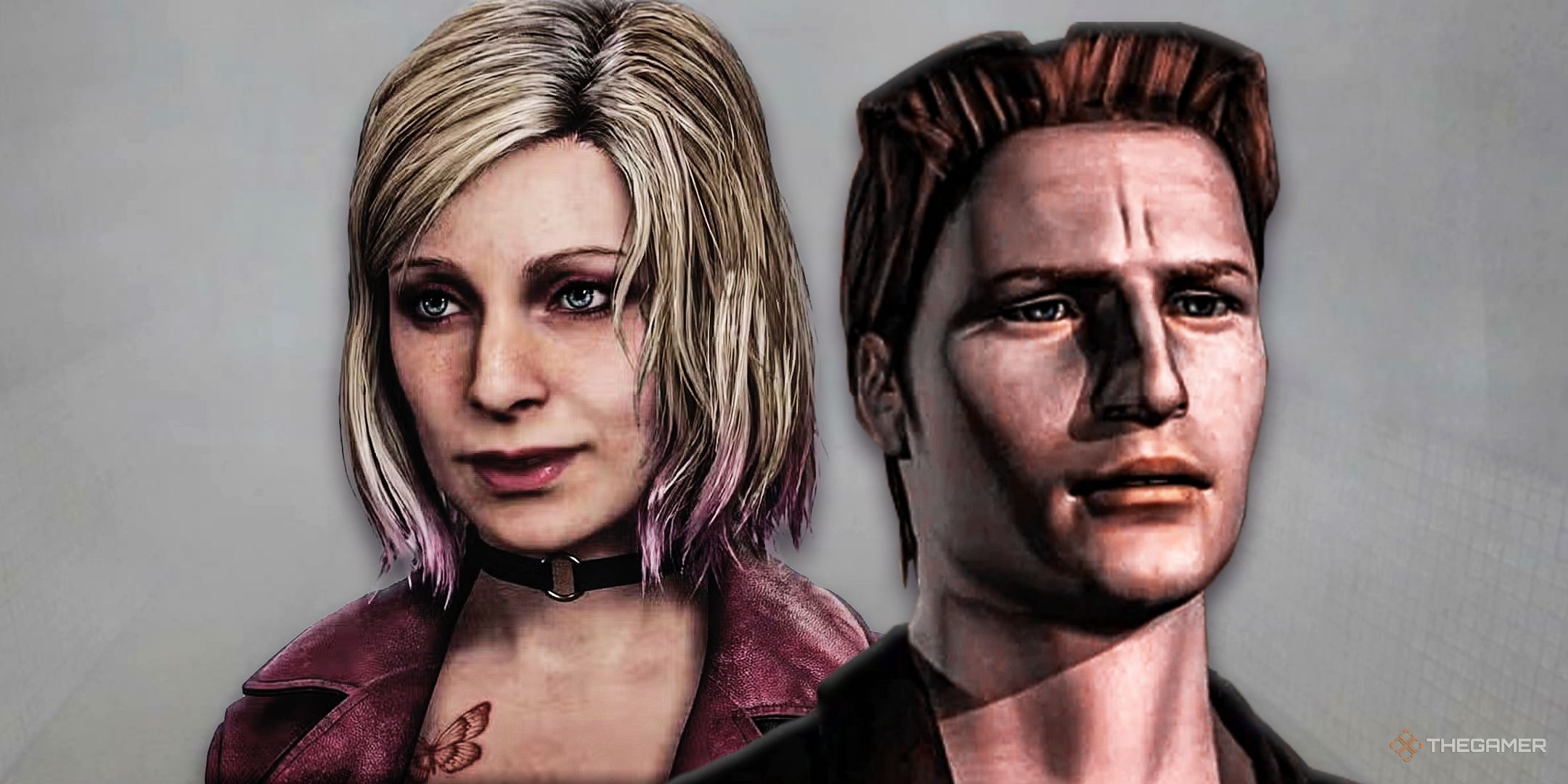 Maria from Silent Hill 2 Remake next to Harry Mason from the first Silent Hill, looking in opposite directions through the fog.
