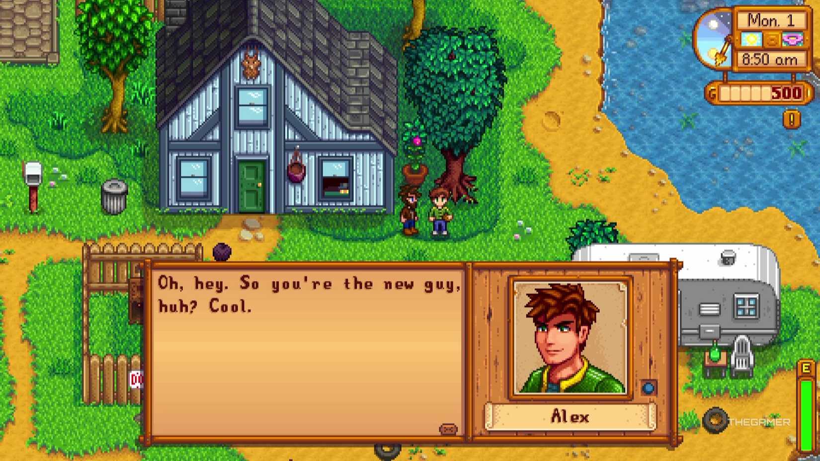 Meeting Alex in Stardew Valley.