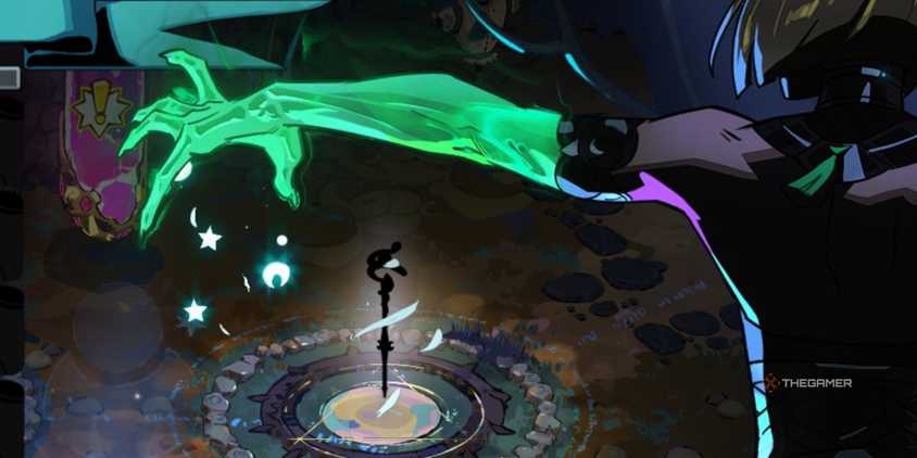 Melinoe reaches her awful arm over the shadow of the staff in Momus as she changes her aspect in Hades 2.