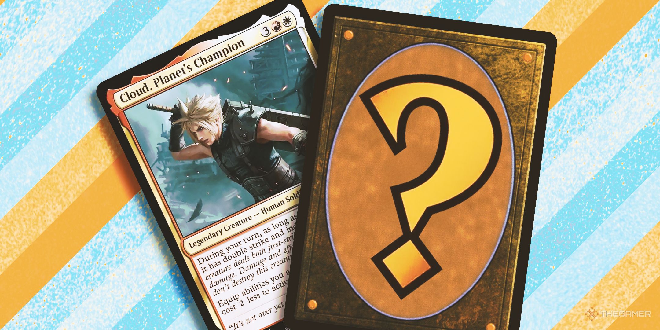 MTG Final Fantasy 7 card and question mark card on a striped background.