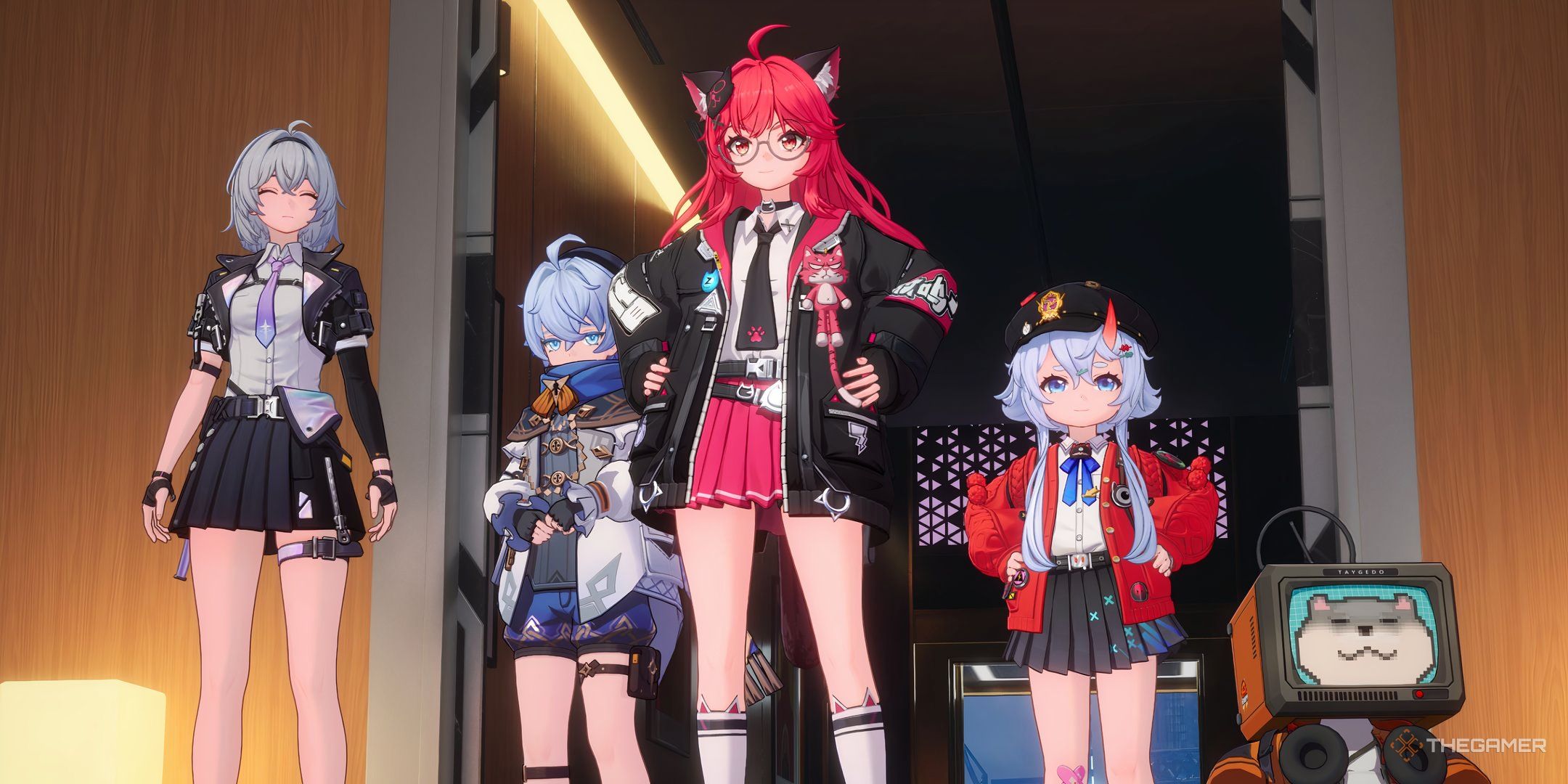 Neverness To Everness bunch of characters standing in the doorway.