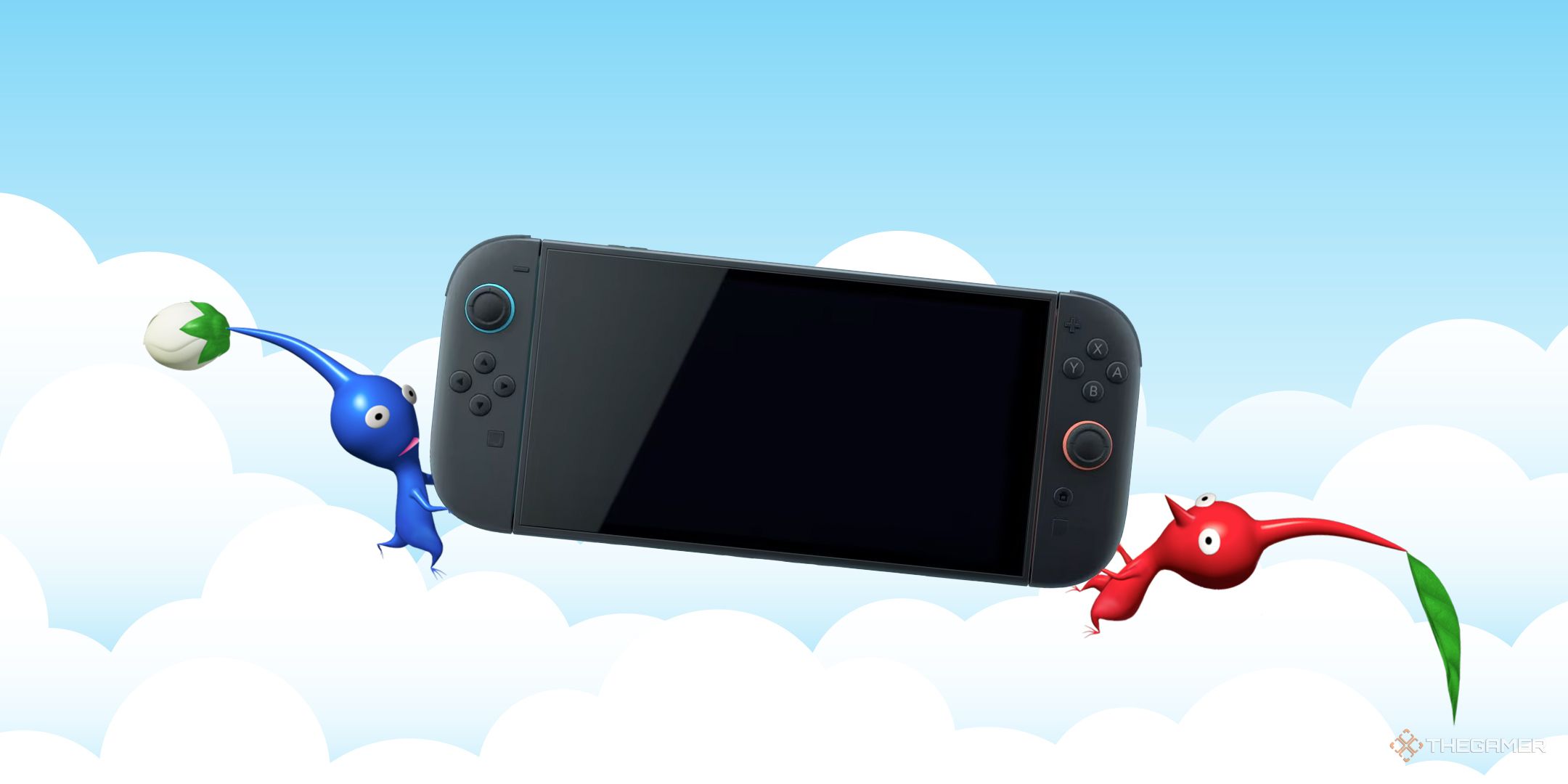 Two Pikmin carry a Nintendo Switch 2 against a cloudy background. 