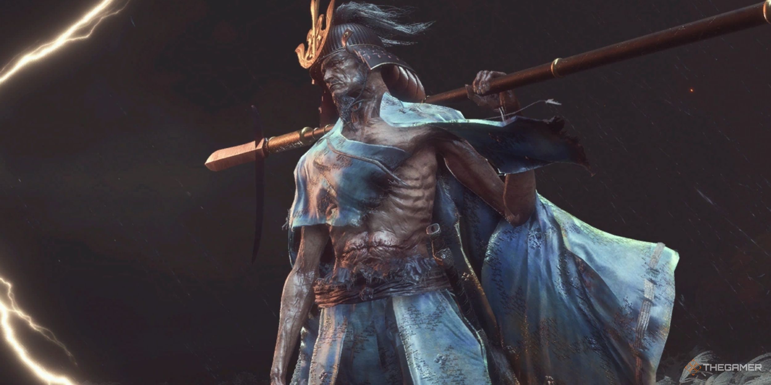 Isshin, the Sword Saint, wielding his spear during the last battle in Sekiro: Shadows Die Twice.