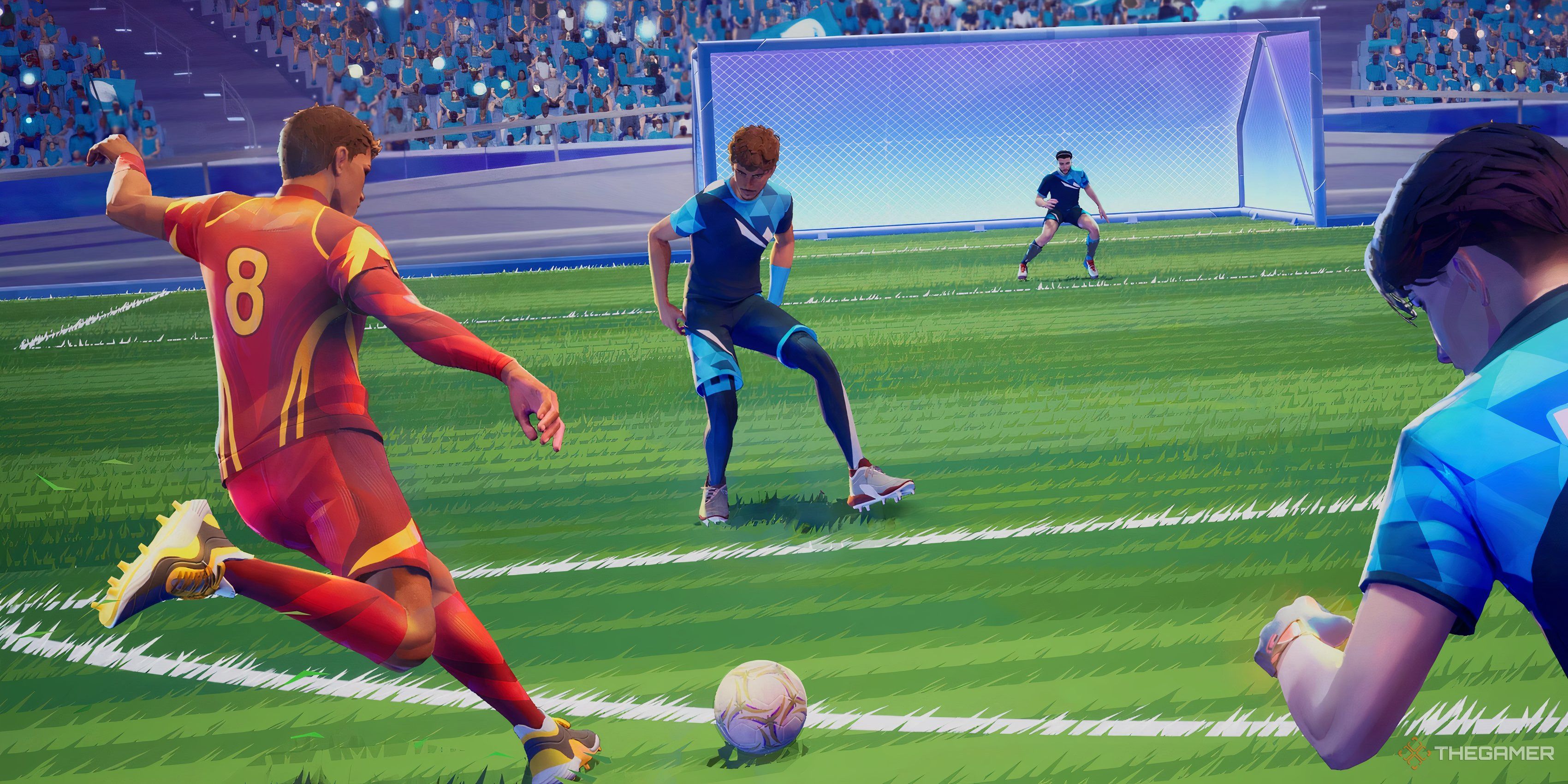 A player attempting to score a goal through multiple defenders in Rematch.