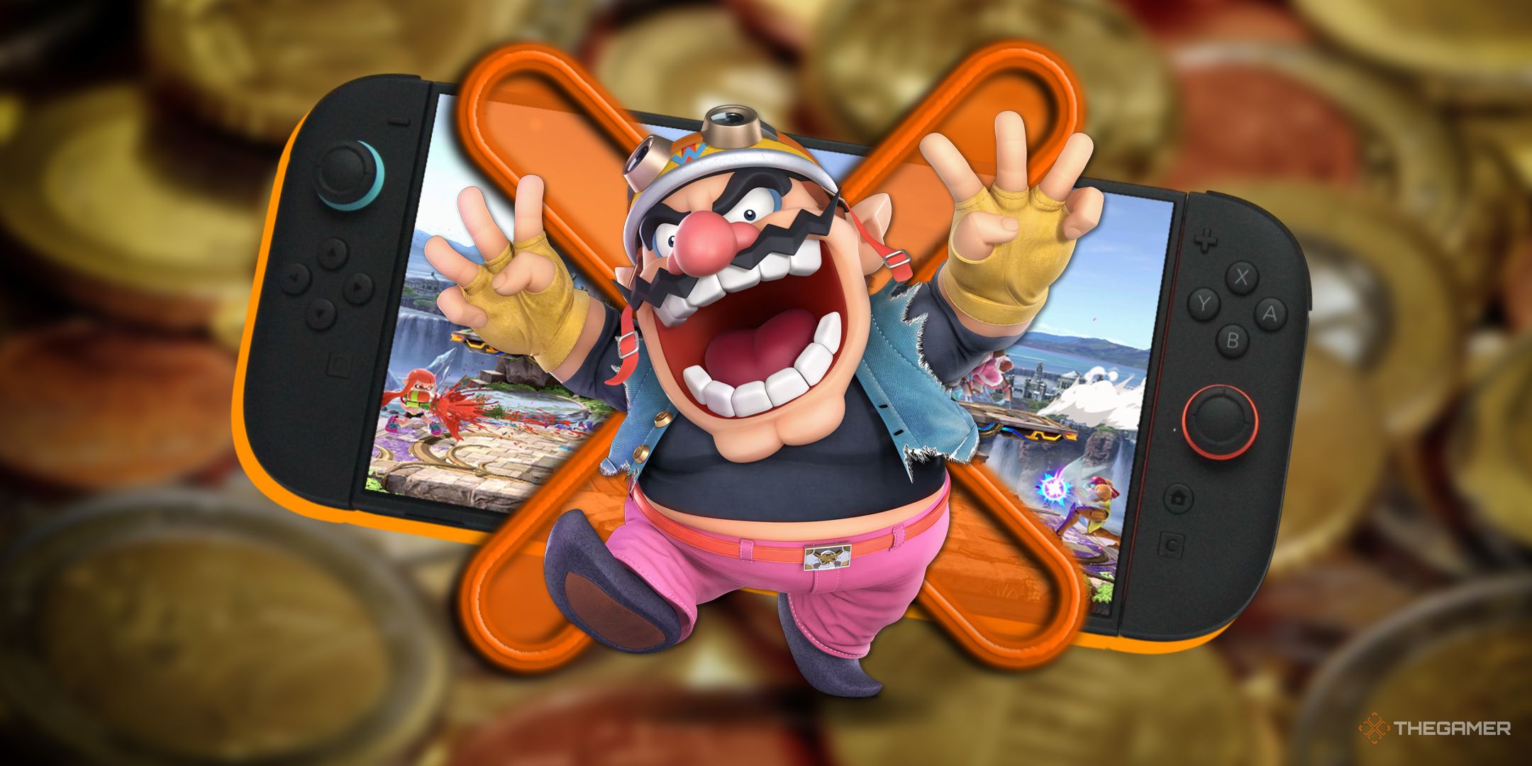 Wario stood in front of the Switch 2 playing Smash Bros Ultimate.
