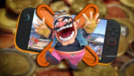 Wario stood in front of the Switch 2 playing Smash Bros Ultimate.