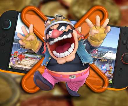Wario stood in front of a Switch 2 playing Smash Bros Ultimate.