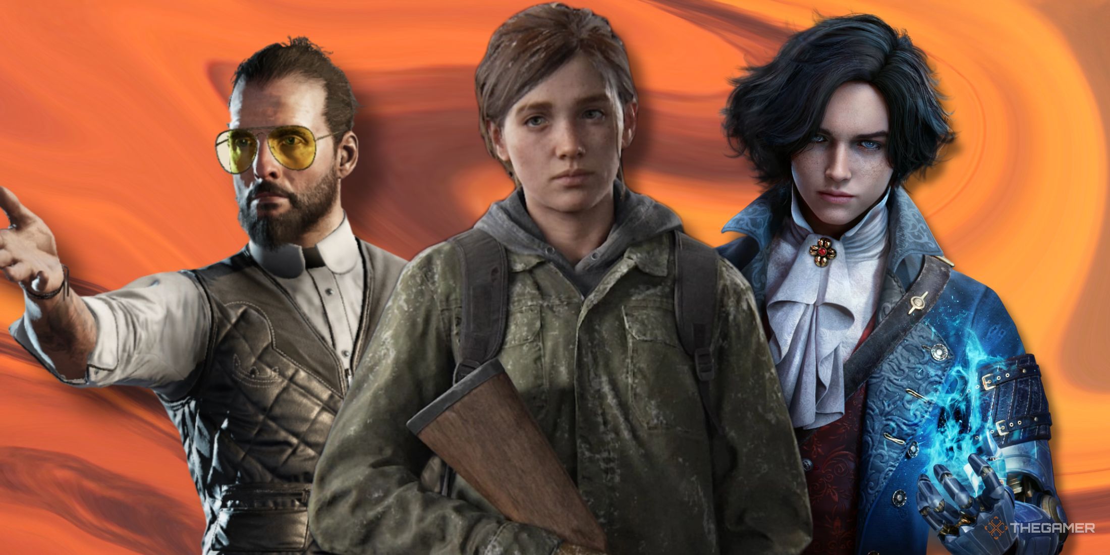 Split image of an orange swirl background with major video game characters on top.