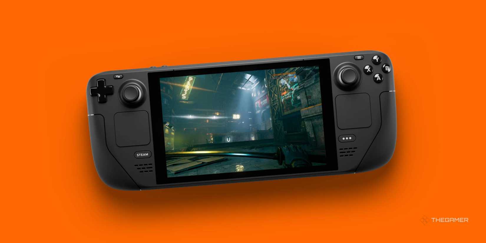 Steam deck on an orange background.