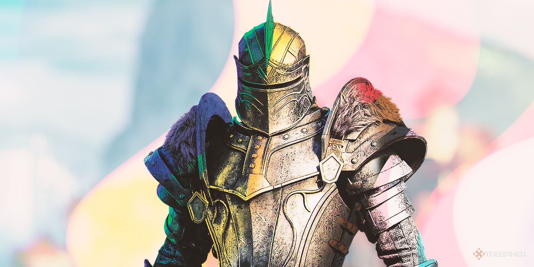 The Elder Scrolls Online knight illuminated in LGBT colours.