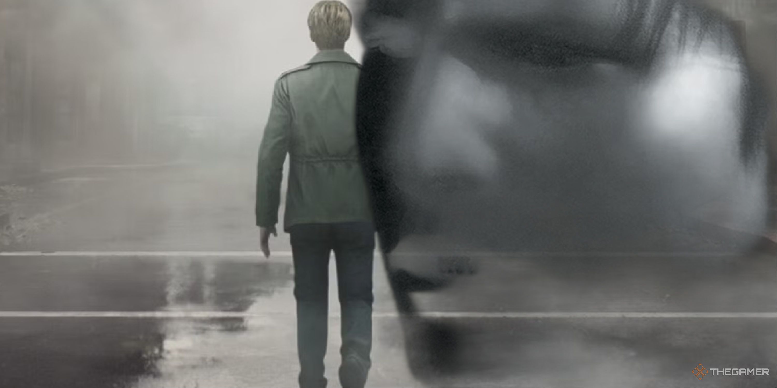 The cover art of Silent Hill 1999 with Harry Mason's foggy face over James Sunderland in Silent Hill 2 Remake.