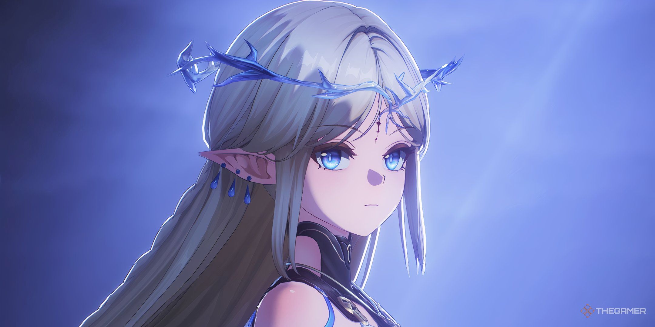 Wuthering Waves Cartethyia closeup with dark background looking at the camera.