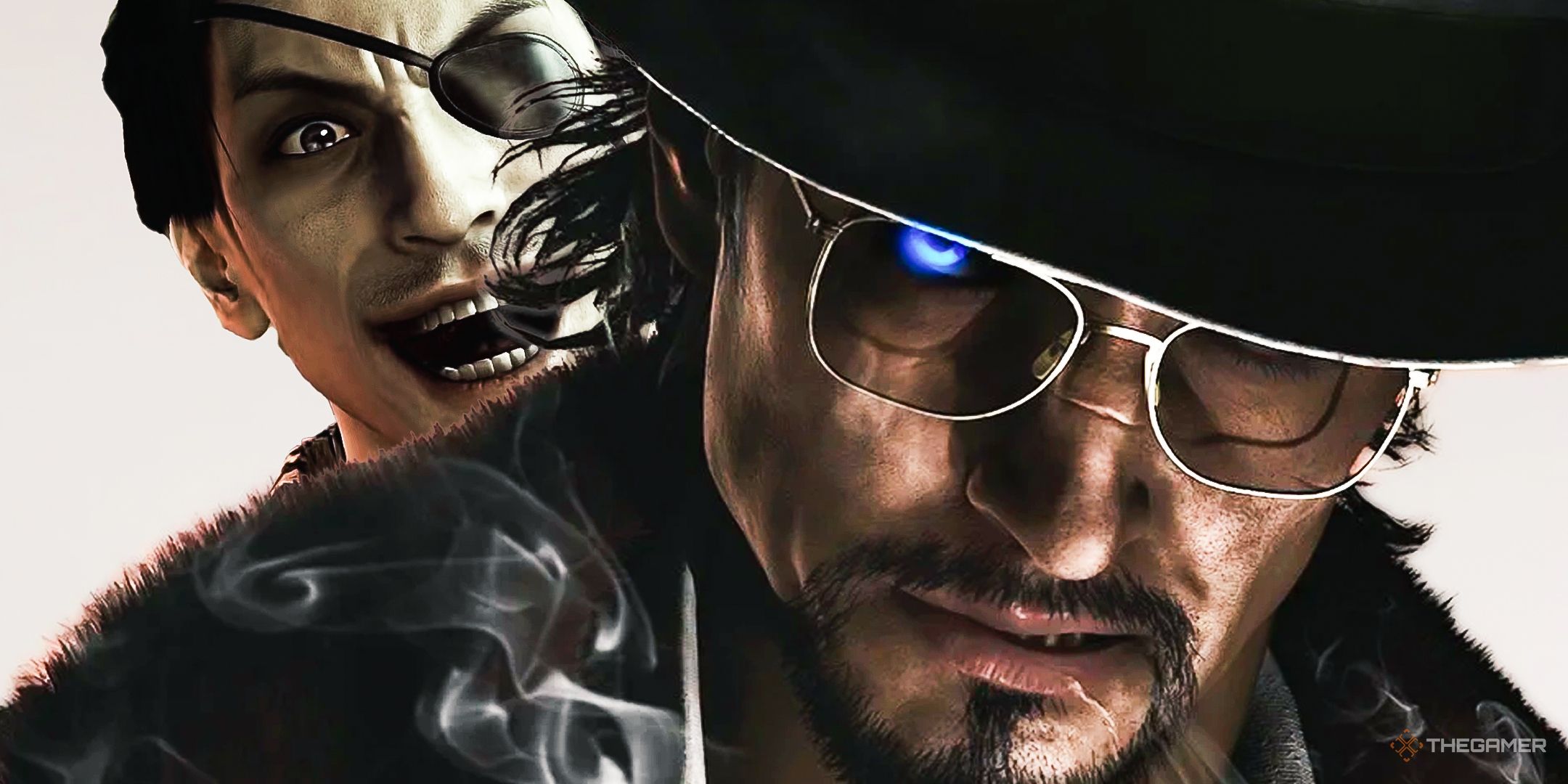 A character from Stranger Than Heaven, with a laughing Majima lurking behind him.