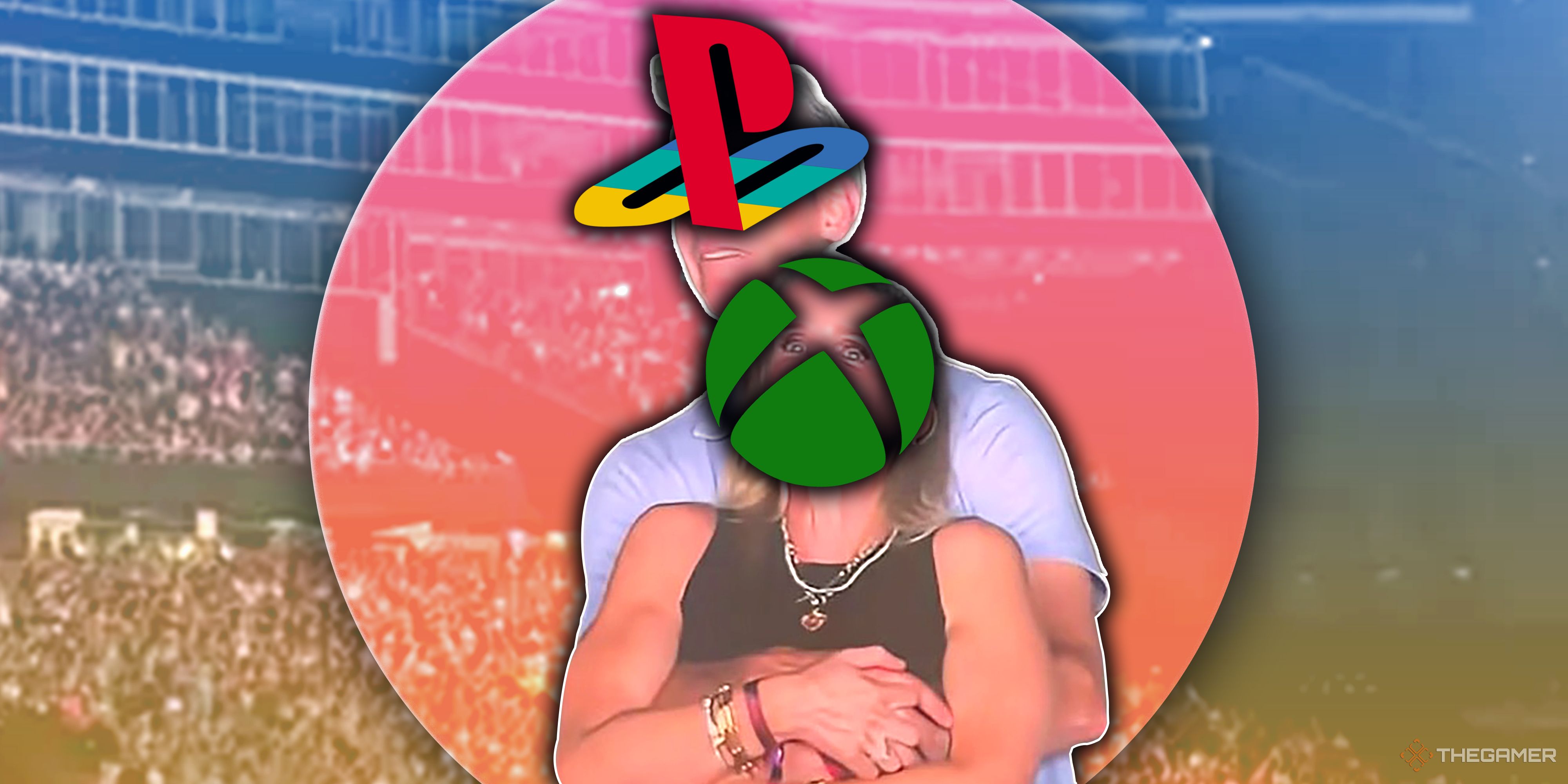 The viral Astronomer CEO and HR staff cuddling moment, except the CEO is PlayStation and HR is Xbox.