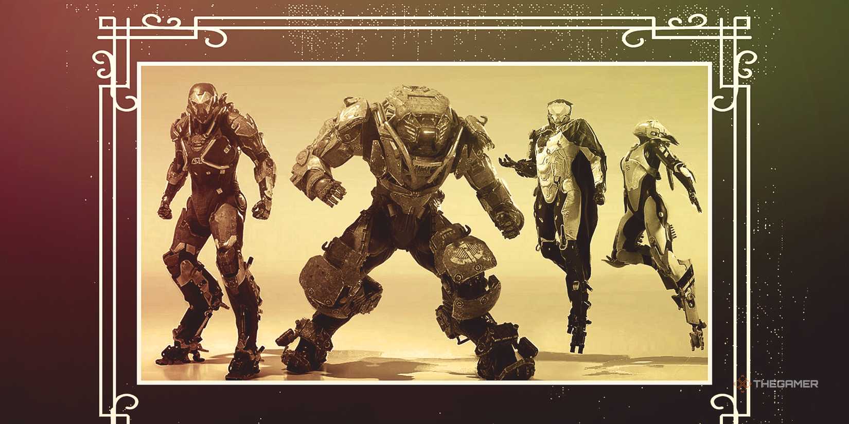 The four Javelin types from Anthem surrounded by and old-timey frame.