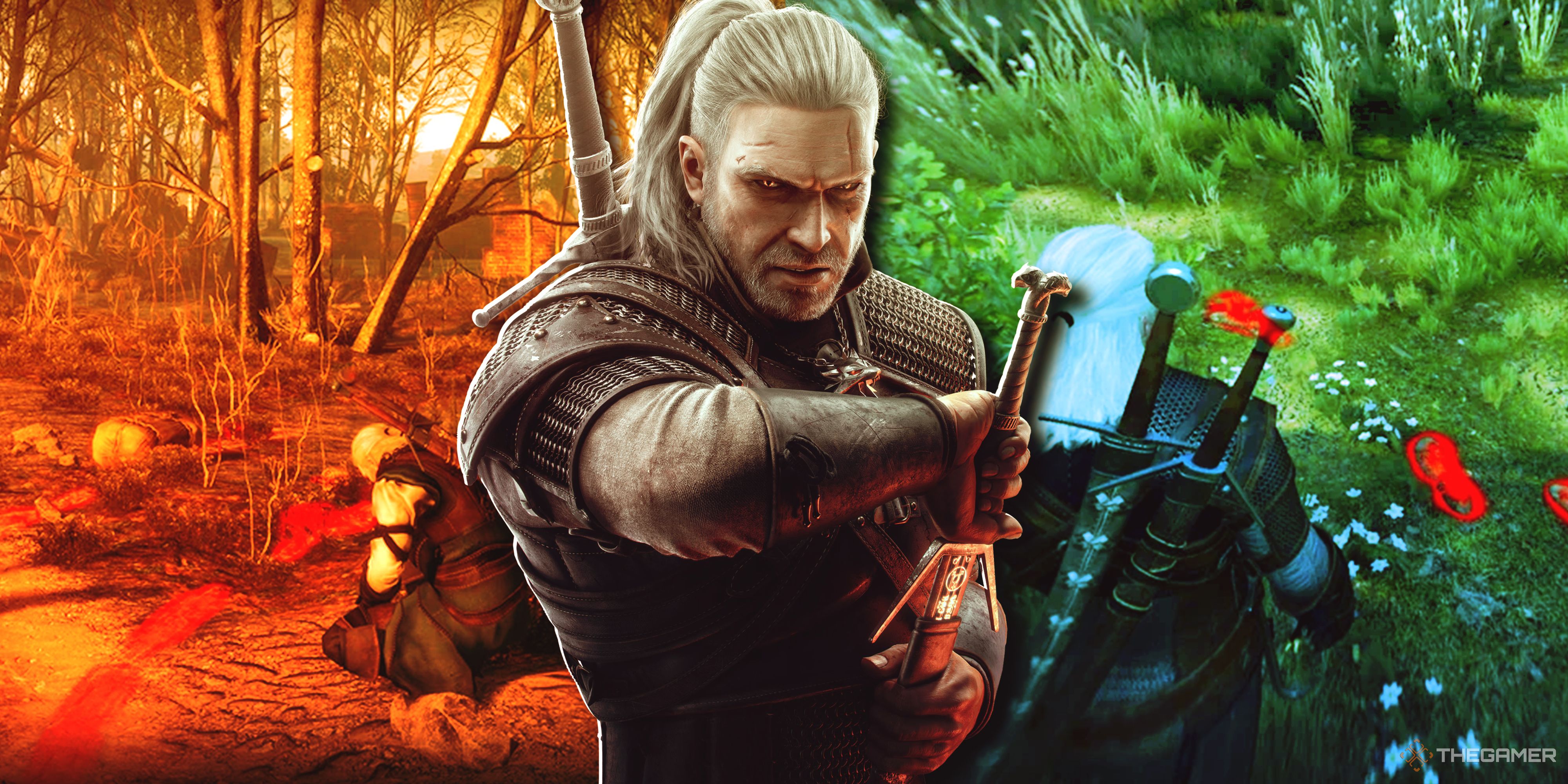 In the area ahead, geralt from the 3rd sorcerer's cave art pulls a sword from its sheath. In the background, the two screenshots show geralt tracing the footsteps of the visionary.