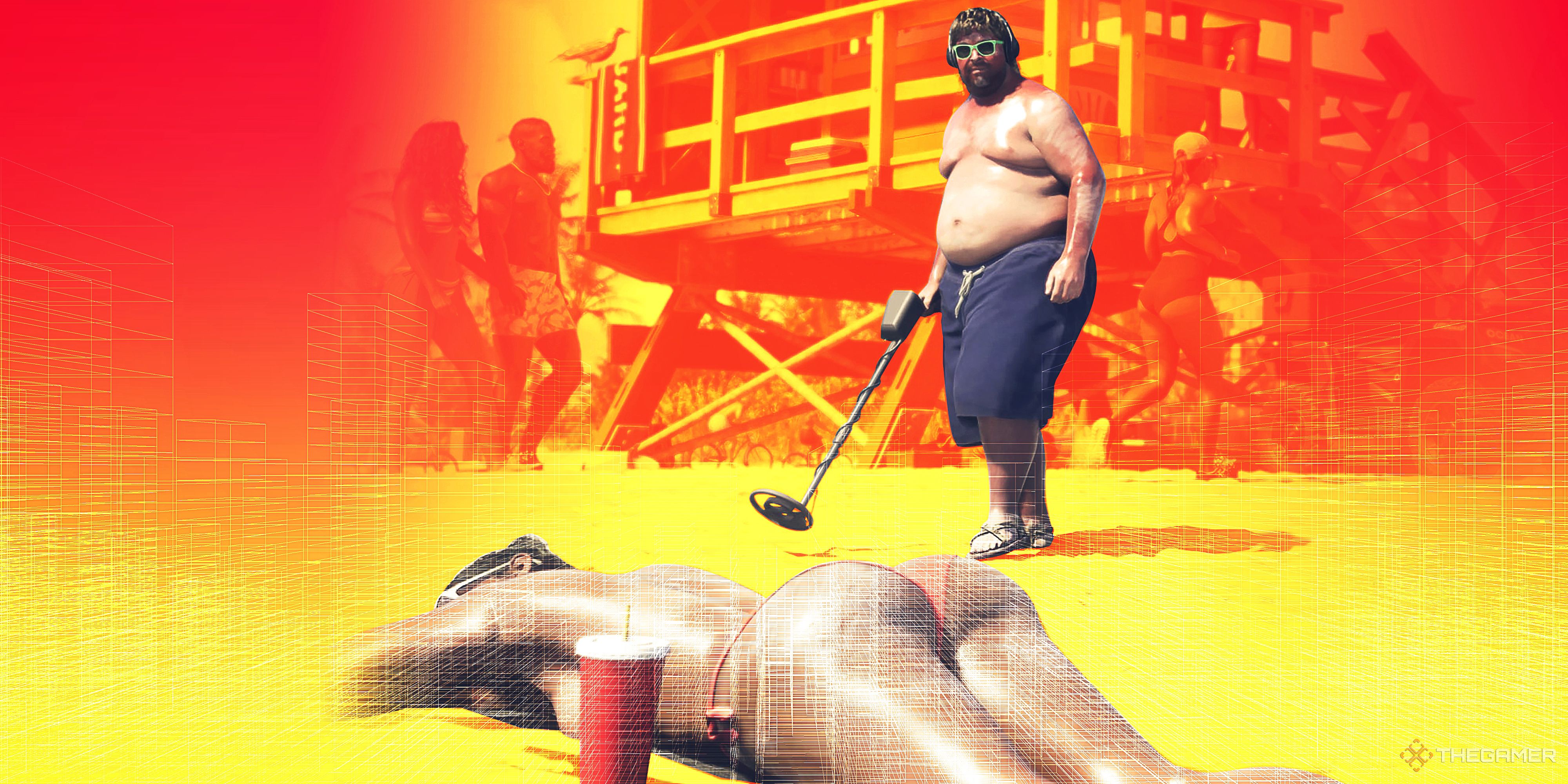 A woman lying topless on the beach while a man waves a metal detector near her.