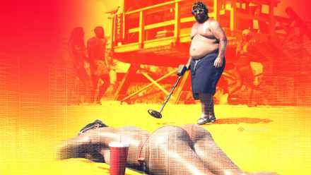 A woman lies topless on the beach, and a man waves a metal detector near her.